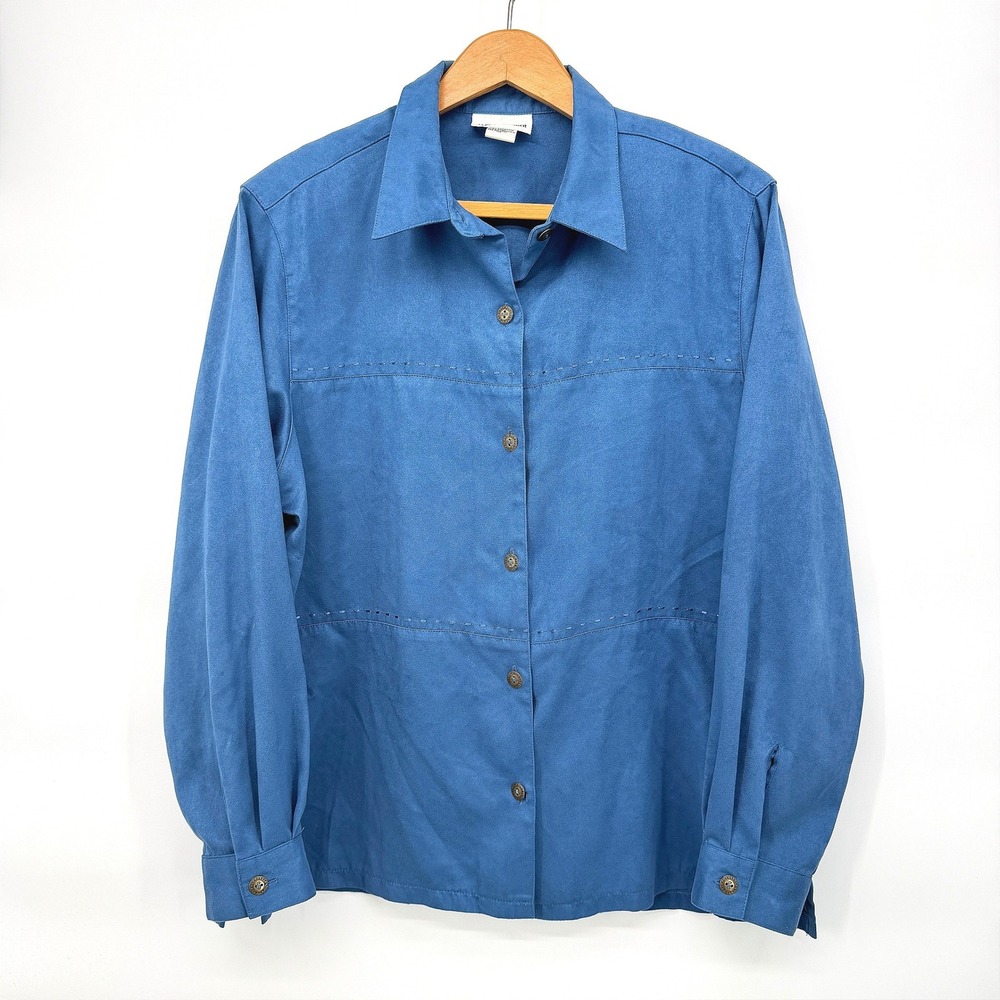 Alfred Dunner Button Up Shirt Blue Faux Suede Casual Workwear Size 12 Minimal